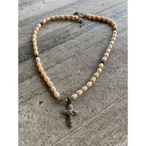 Pearls Necklace Cross 925 Sterling Silver Artisan Vintage Estate 18”